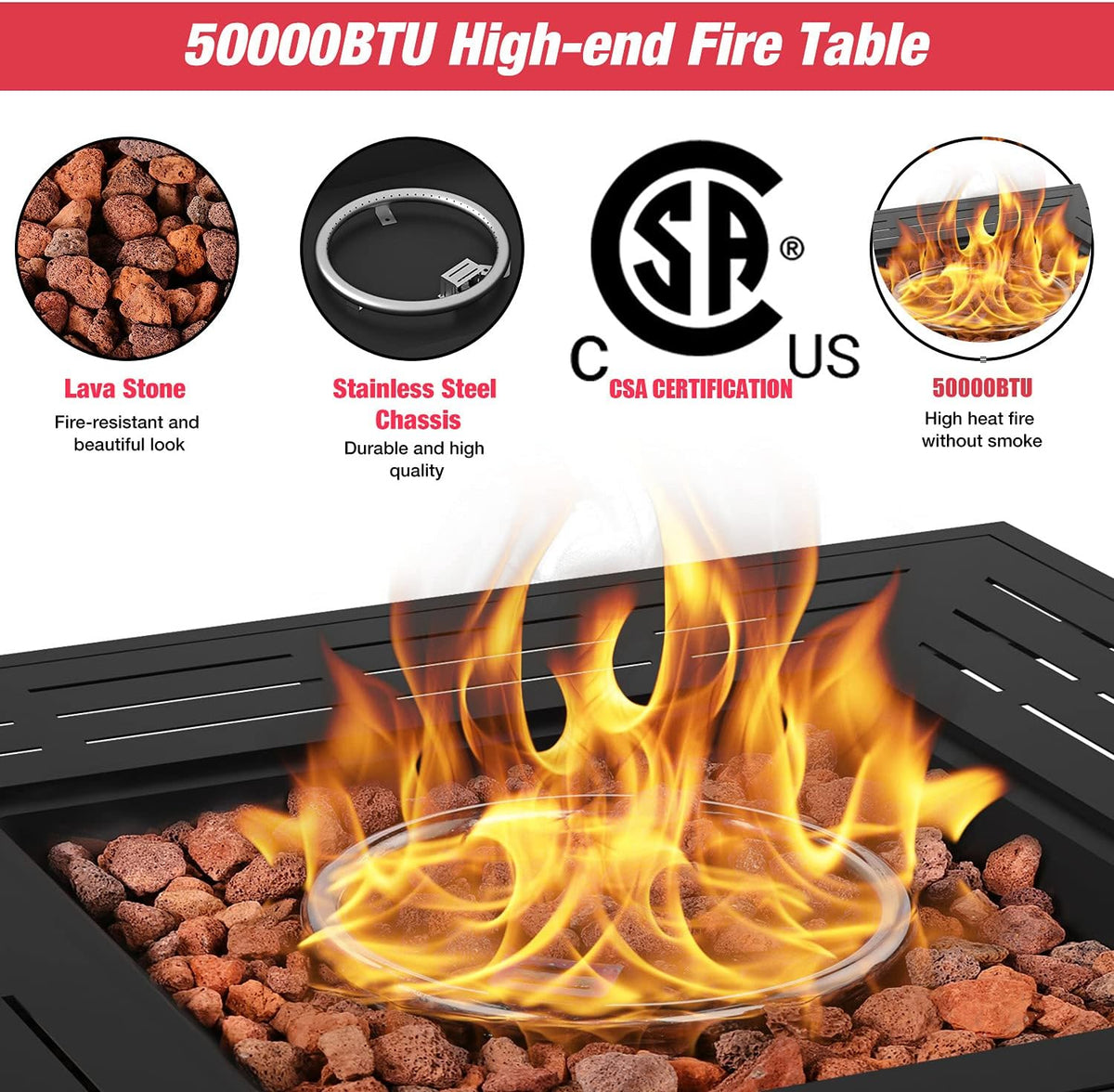 32 Inch 50,000 BTU Propane Fire Pit Table with Glass Wind Guard W863900