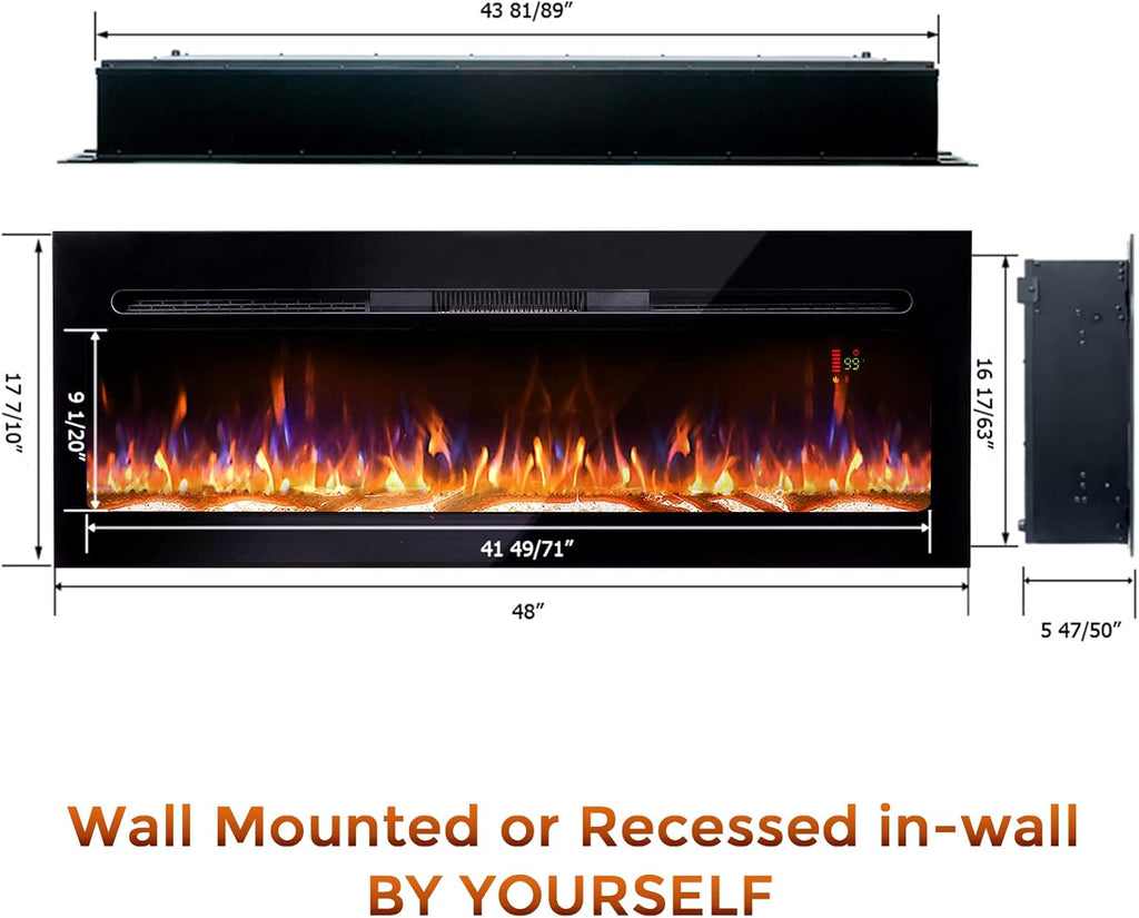 60 Electric Fireplace, Recessed & Wall Mounted, Ultra Thin, Low Noise, Remote Control, 1500W, Black M10094