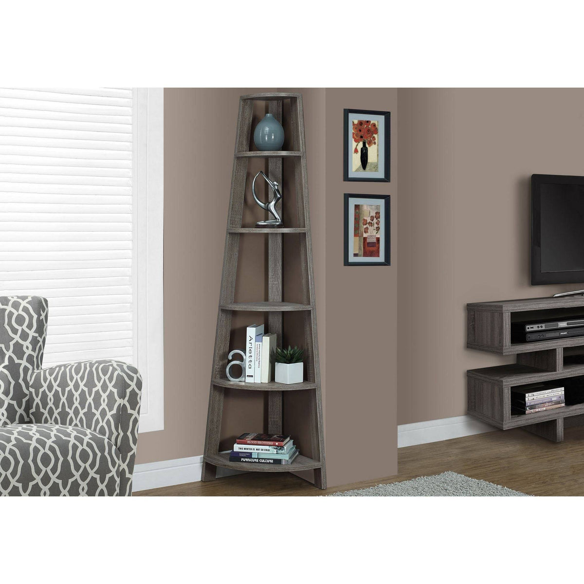 Taupe Brown Corner Accent Etagere Bookcase X5288