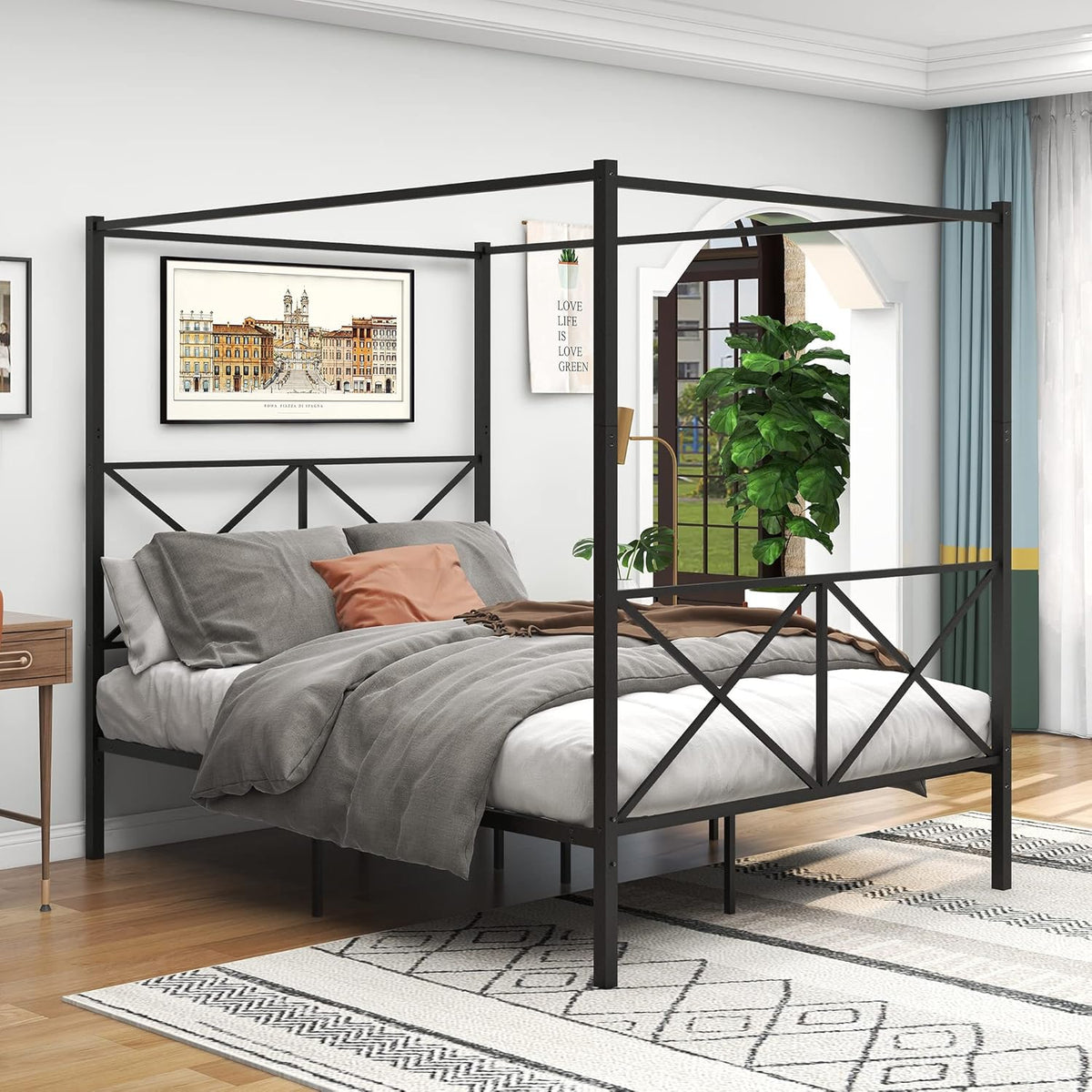 Queen Size White Metal Canopy Bed with Headboard A557922