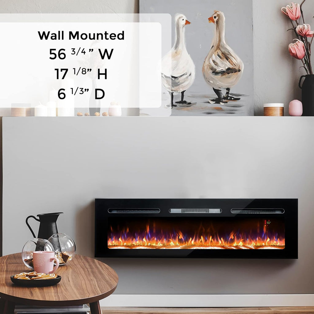 60 Electric Fireplace, Recessed & Wall Mounted, Ultra Thin, Low Noise, Remote Control, 1500W, Black M10094