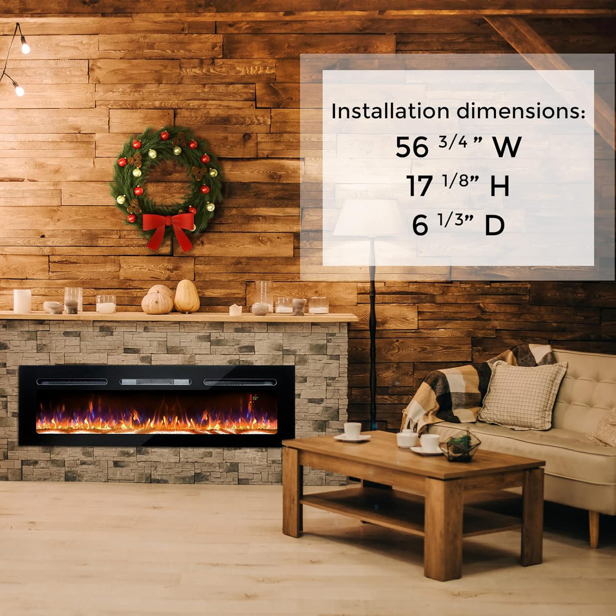 60 Electric Fireplace, Recessed & Wall Mounted, Ultra Thin, Low Noise, Remote Control, 1500W, Black M10094