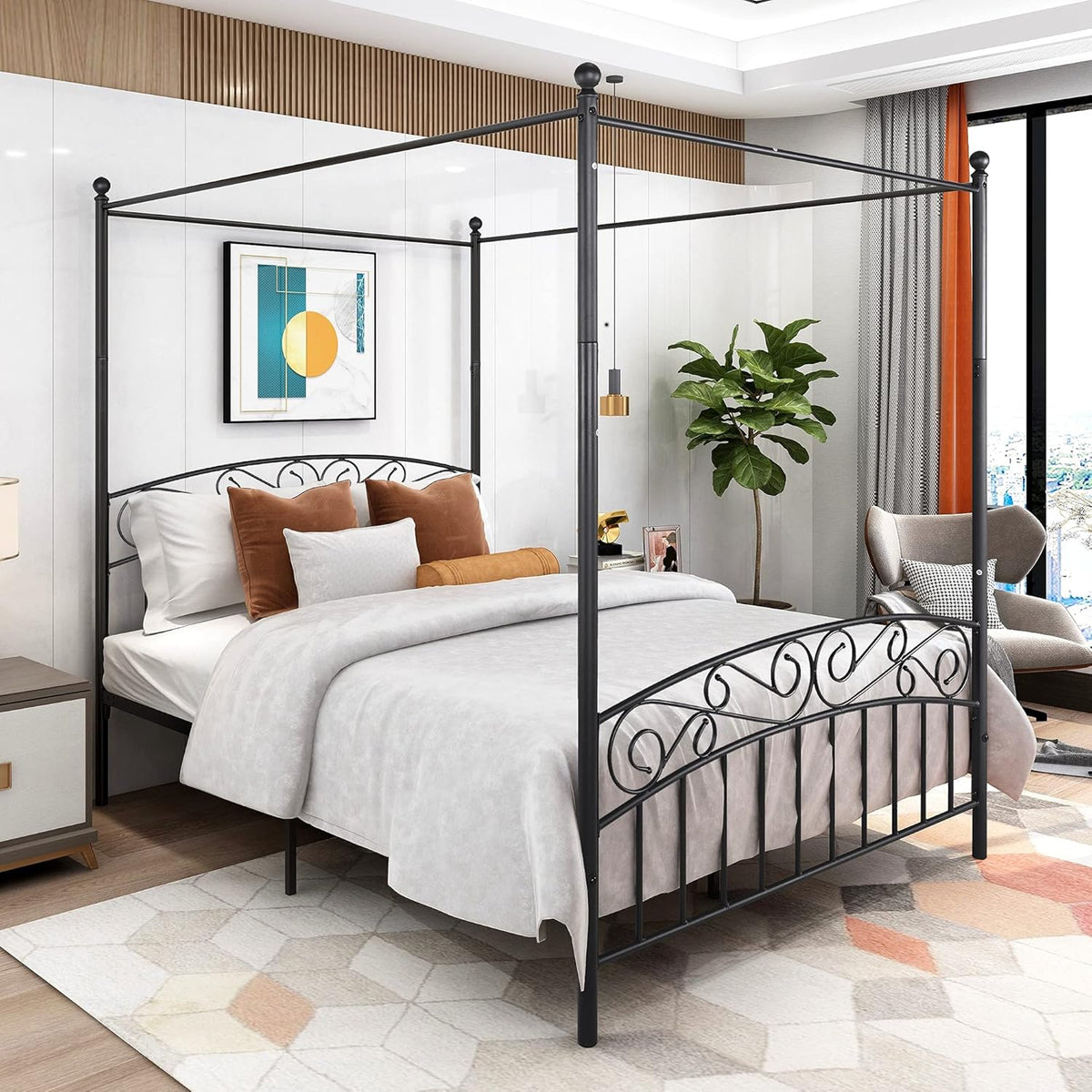 Queen Size White Metal Canopy Bed with Headboard A557922
