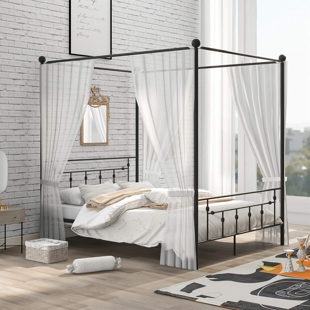 Queen Size White Metal Canopy Bed with Headboard A557922