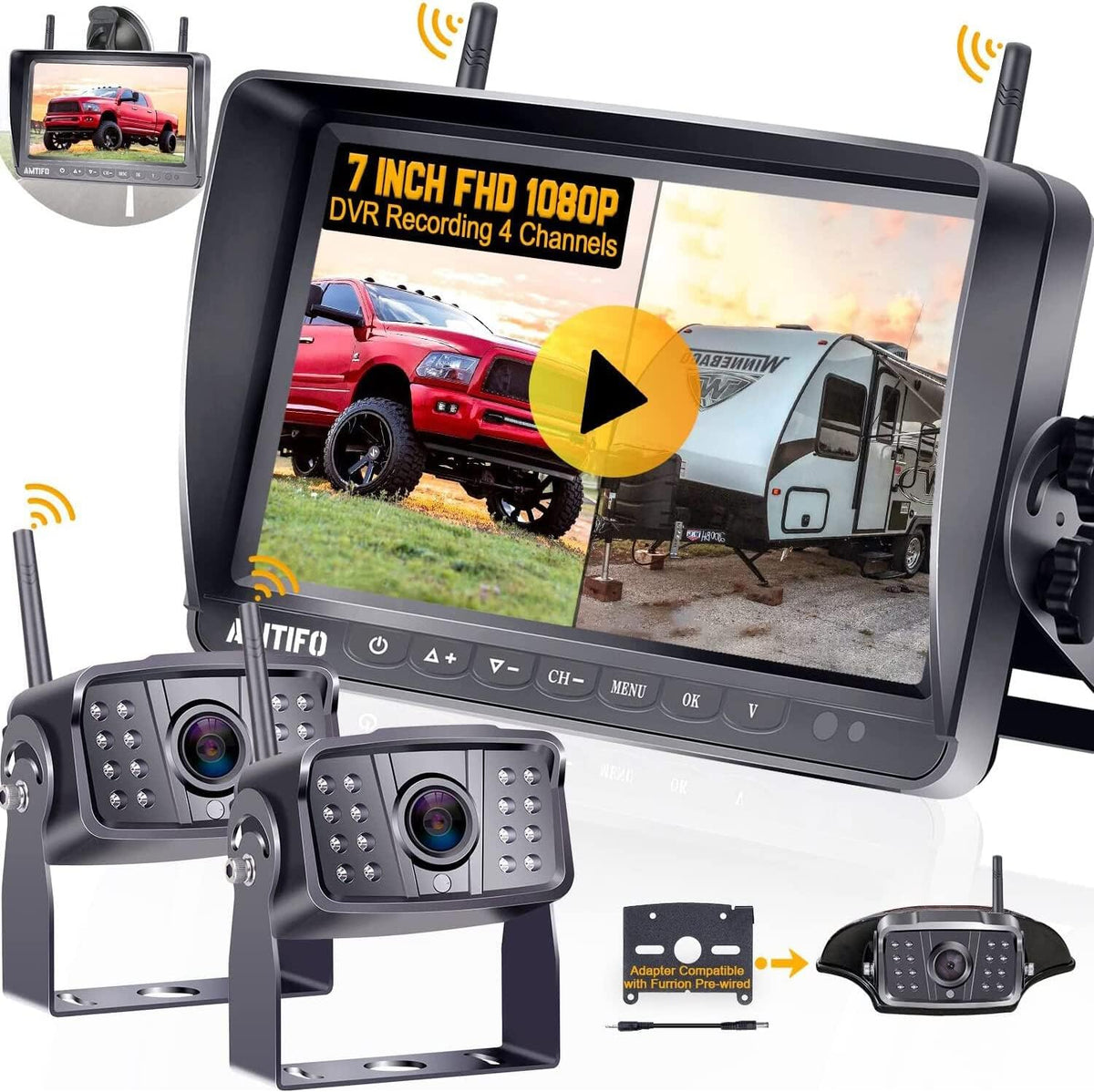 Wireless Backup Camera HD 1080P Dual Rear View Cameras System with 7 Inch DVR Monitor U738