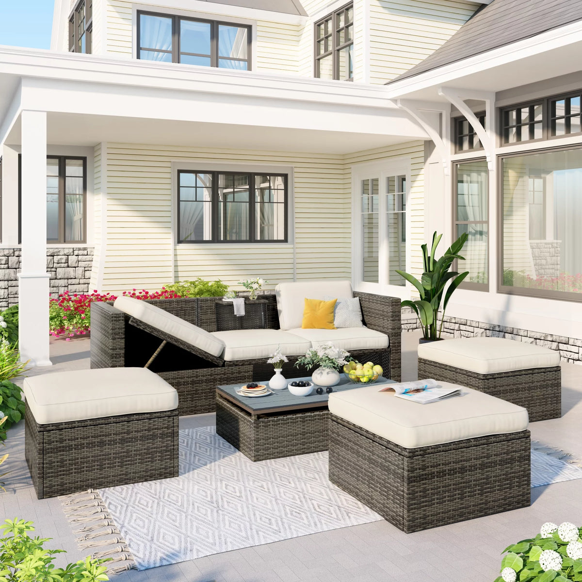 5-Piece PE Rattan Patio Furniture Set with Cushions and Coffee Table Q1304