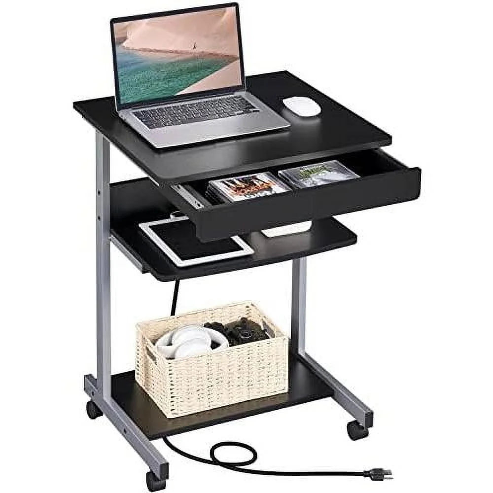 Black Mobile Laptop Desk On Wheels With Power Outlet And USB Ports Q650156