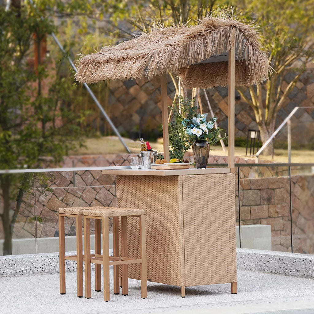Outdoor 3 Piece All Weather Resin Wicker Steel Tiki Bar and 2 Stools with Ceramic Top & Storage S927