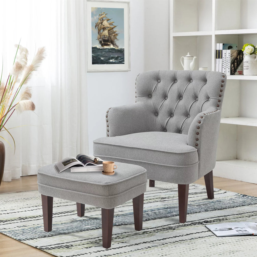 Gray Upholstered Accent Chair and Ottoman Set Y6596