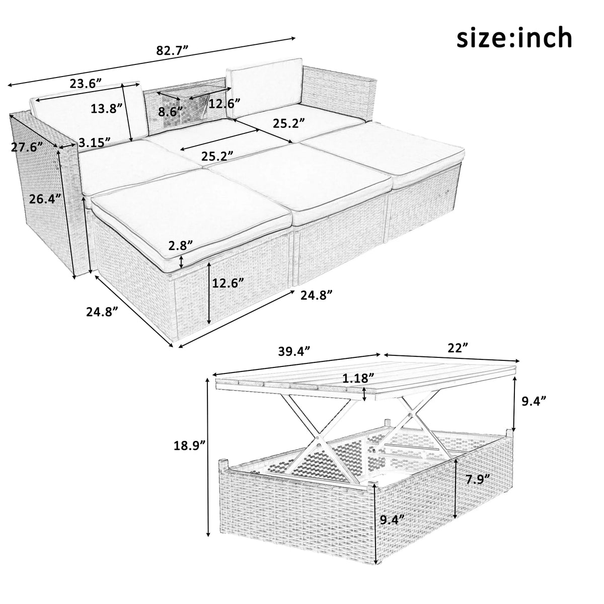 5-Piece PE Rattan Patio Furniture Set with Cushions and Coffee Table Q1304