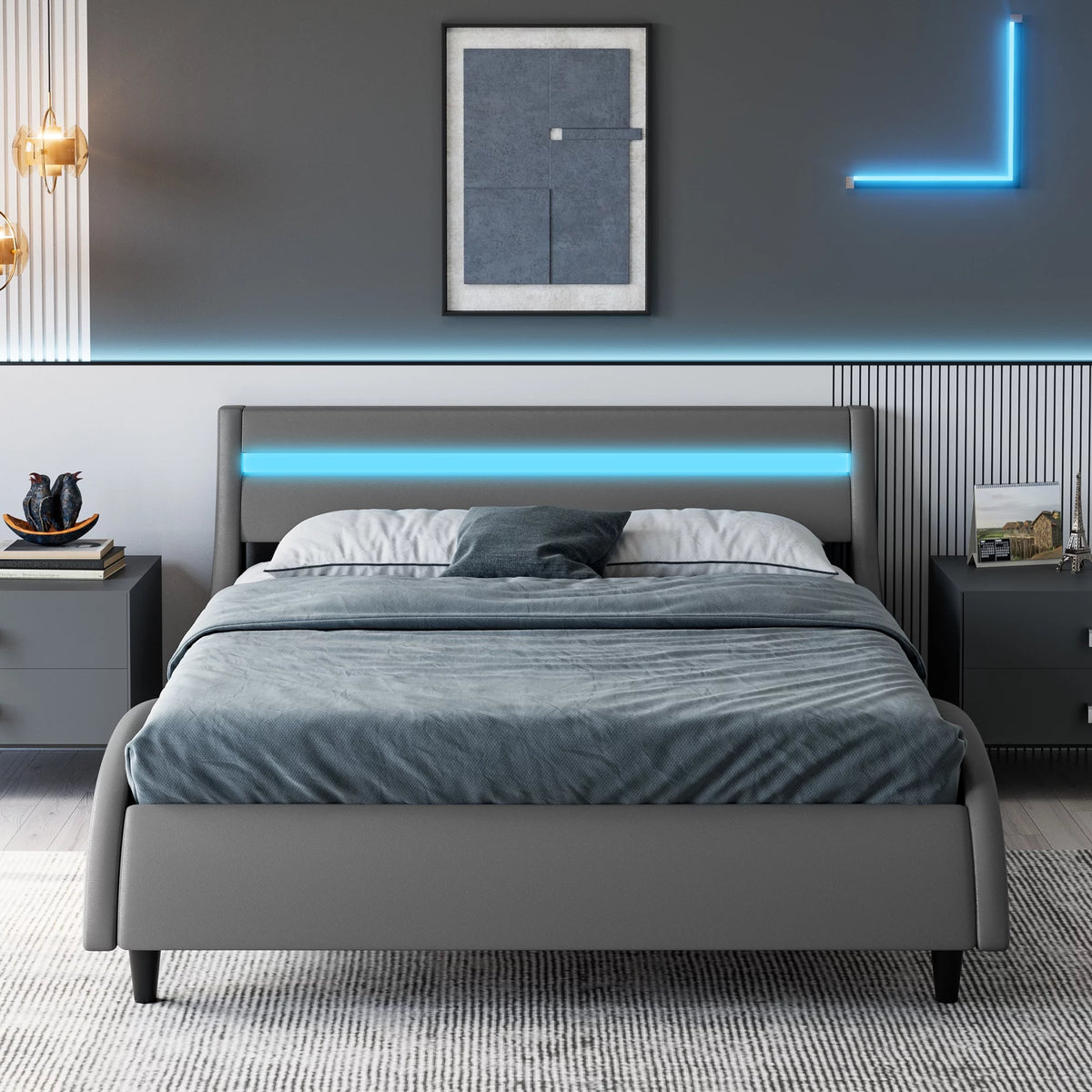 White Full Size Wooden Platform Bed Frame with Adjustable Upholstered Headboard C8967