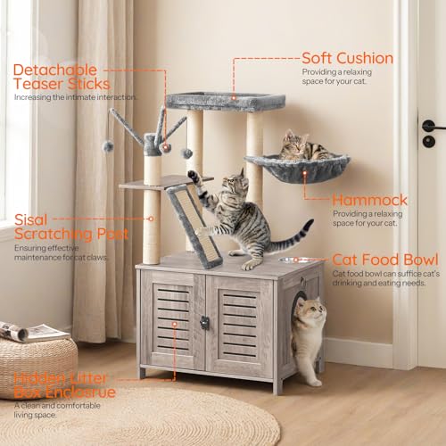 44" Tall Wooden Cat Tree with Litter Box Enclosure T55132
