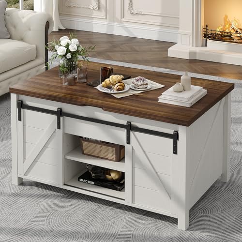 White and Brown Lift Top Coffee Table with Hidden Storage M170