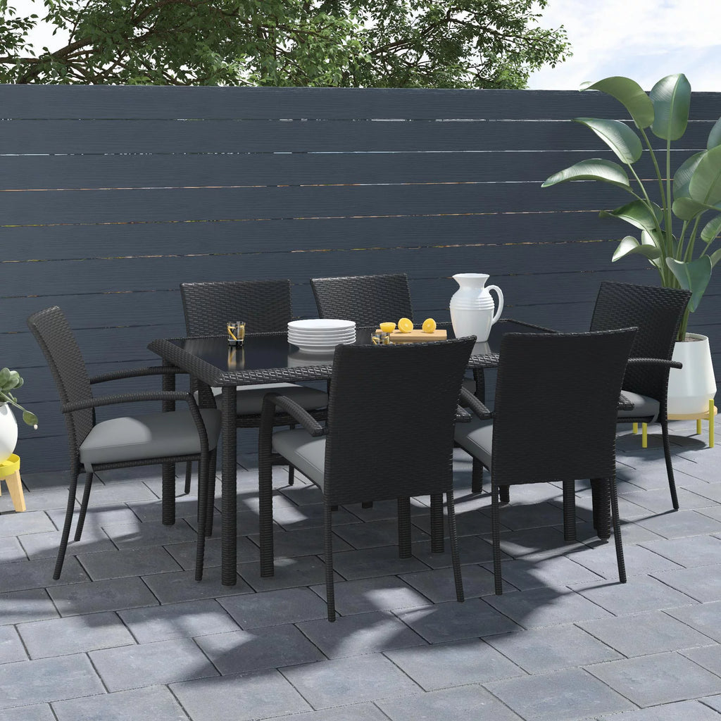 Black Wicker Dining Table with Glass Top and Umbrella Hole W6797