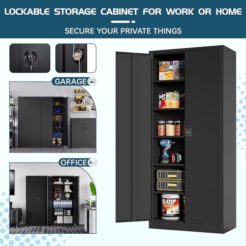 Black Steel Storage Cabinet with Doors and 5 Shelves C578
