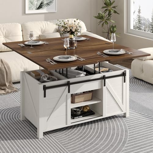 White and Brown Lift Top Coffee Table with Hidden Storage M170