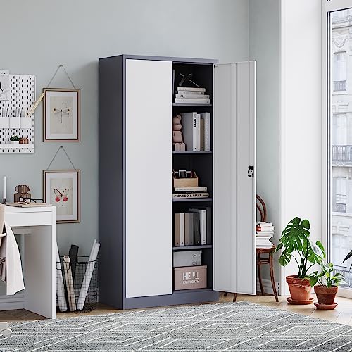Black Steel Storage Cabinet with Doors and 5 Shelves C578