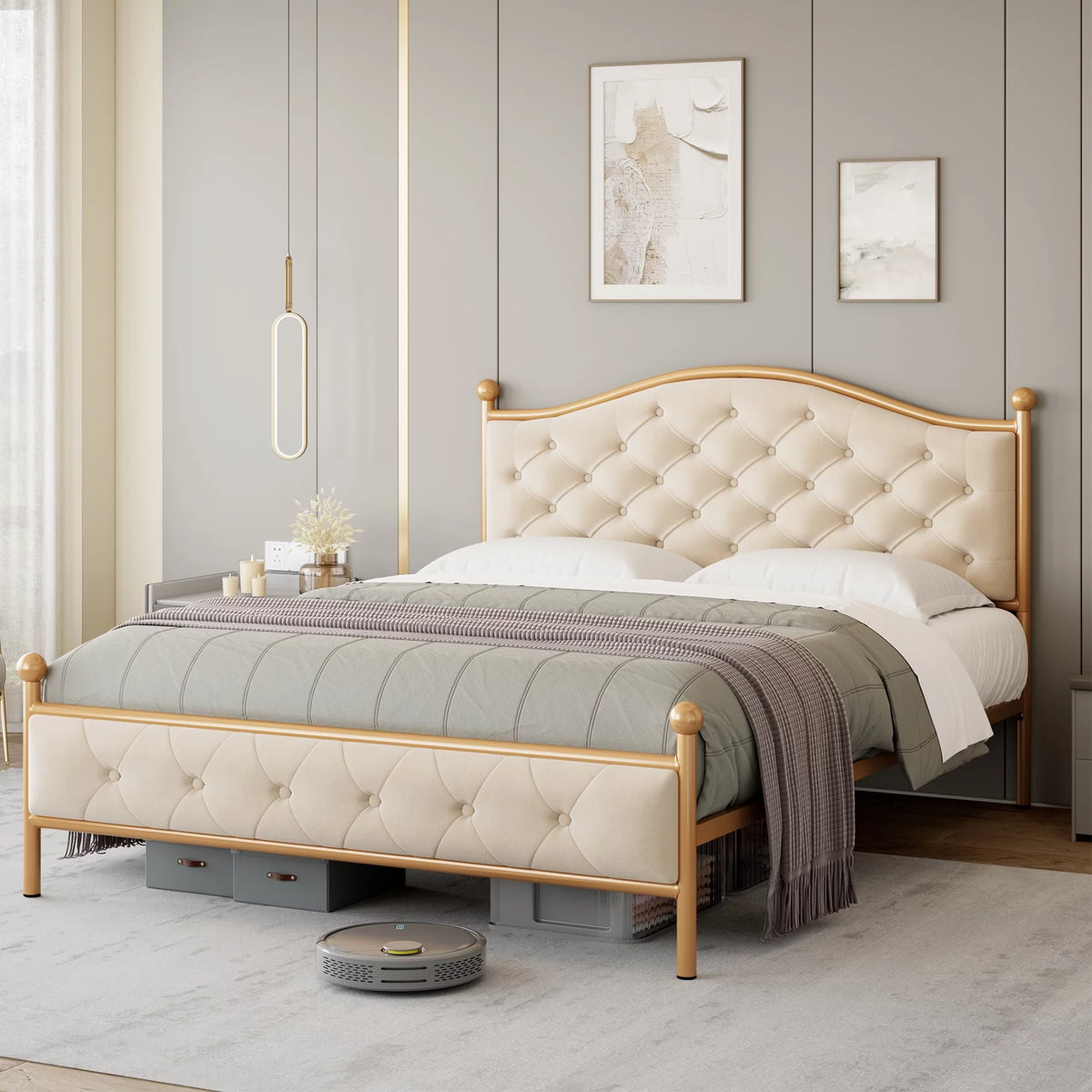 Queen Size Black Tufted Upholstered Platform Bed Frame V839