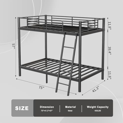 Twin Over Full Size Bunk Bed with Ladder and Guardrail U998