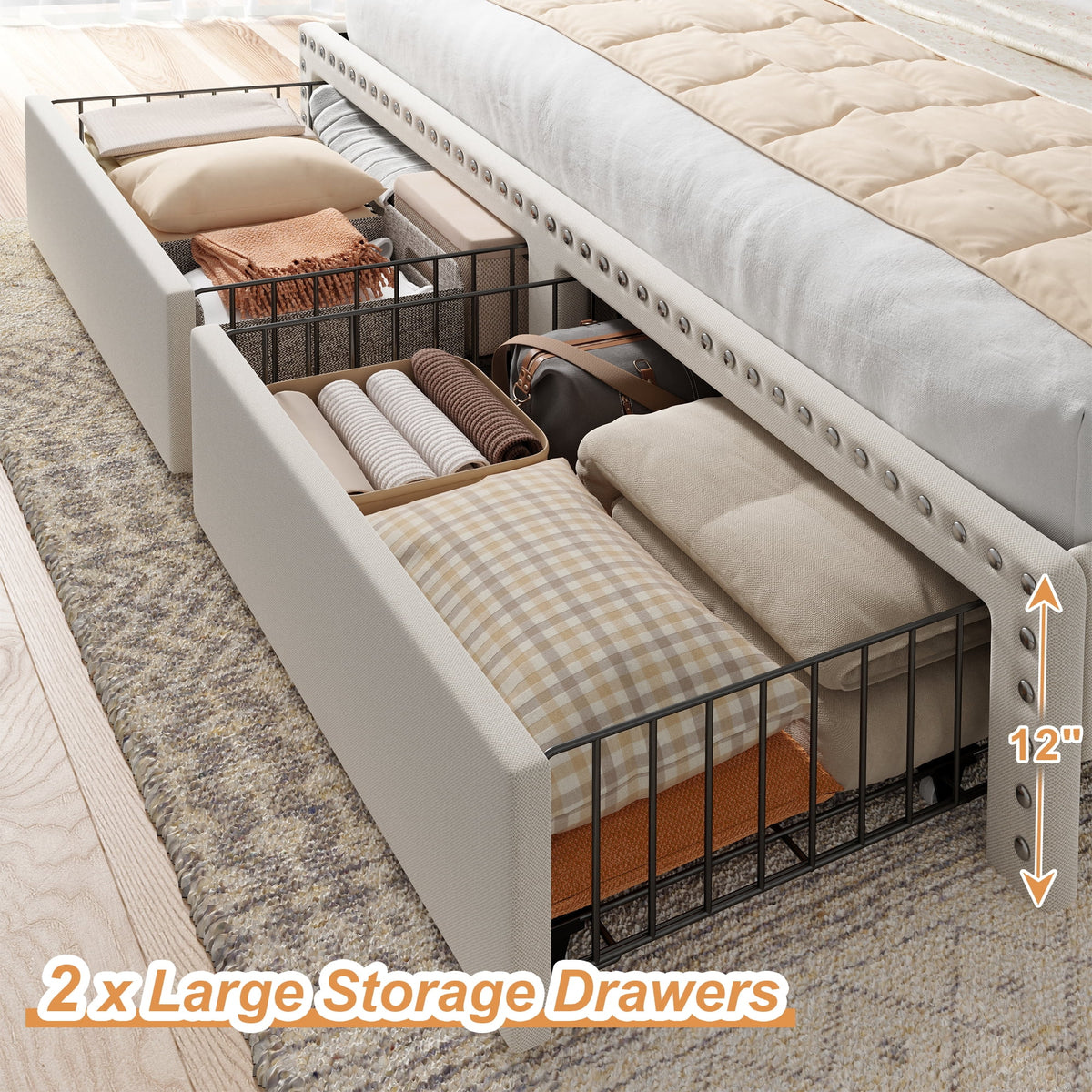 Beige Queen Storage Bed with Headboard and Drawers E59199