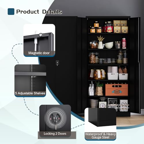 Black Steel Storage Cabinet with Doors and 5 Shelves C578
