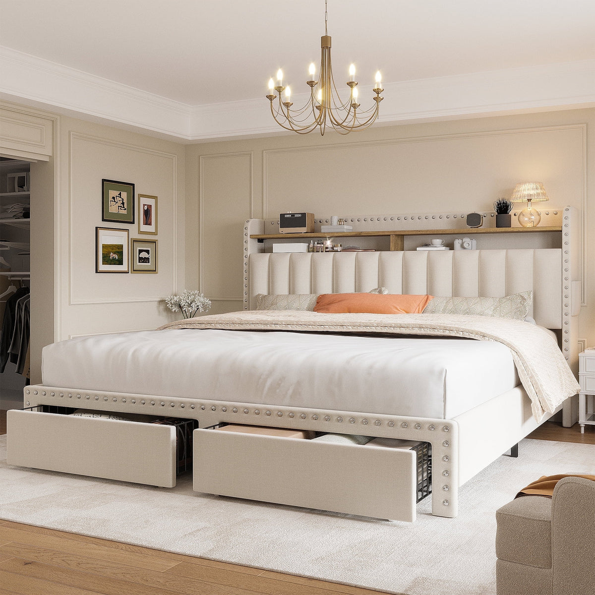Beige Queen Storage Bed with Headboard and Drawers E59199