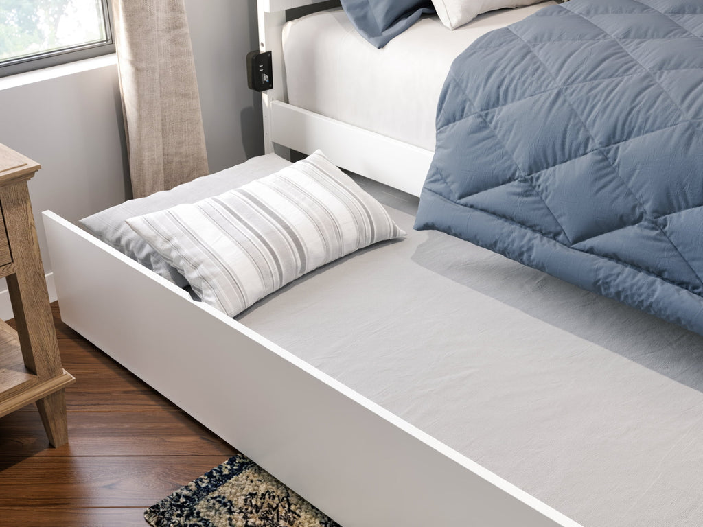 White Solid Wood Platform Bed with Footboard & Twin XL Trundle, Queen Z724