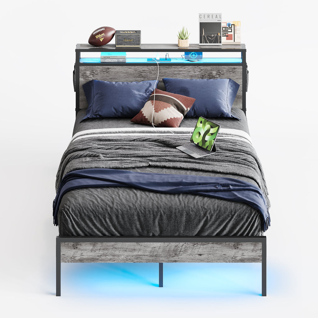 Queen Size Grey Platform Bed with Storage Headboard X987486