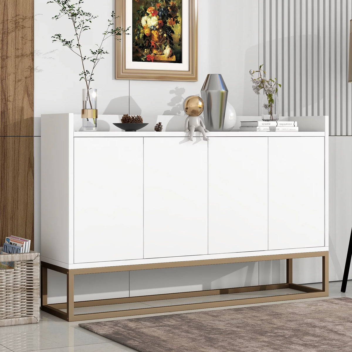 White Wooden Storage Cabinet with Metal Legs and Adjustable Shelves N6733