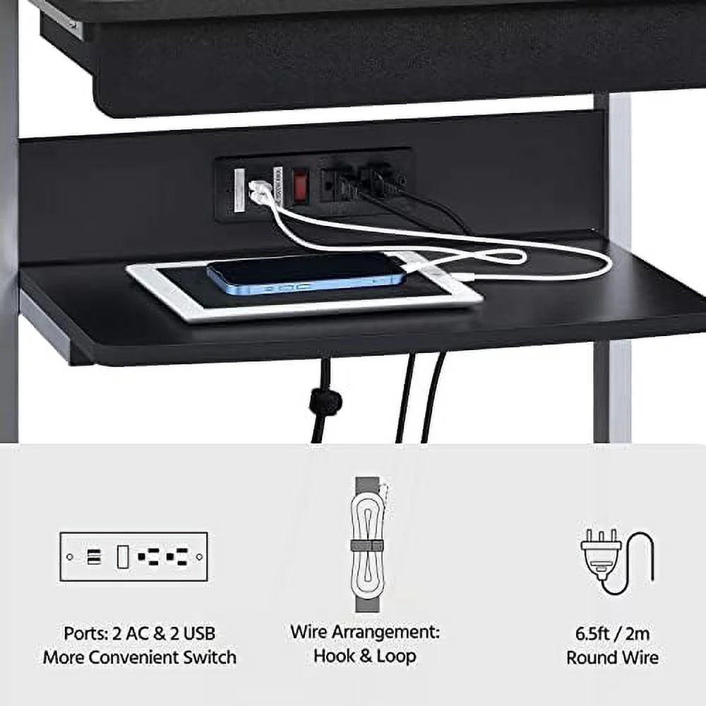 Black Mobile Laptop Desk On Wheels With Power Outlet And USB Ports Q650156