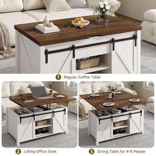 White and Brown Lift Top Coffee Table with Hidden Storage M170