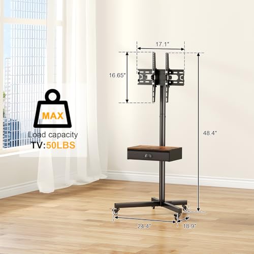 Rolling TV Stand with Power Outlet, Adjustable Height Mobile TV Cart with Wheels W304785