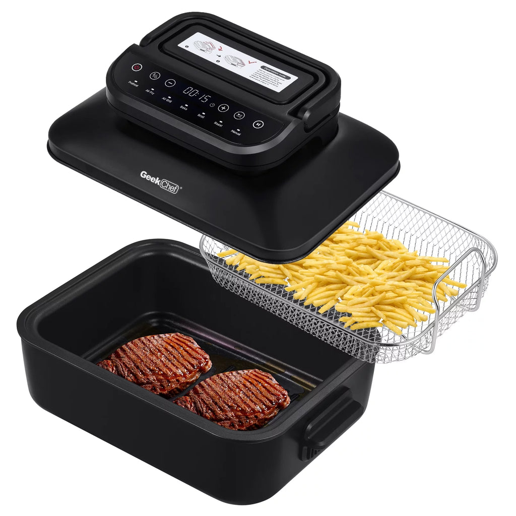 7-in-1 Indoor Grill with 6 Qt Air Fryer, 1500W, Black G16629