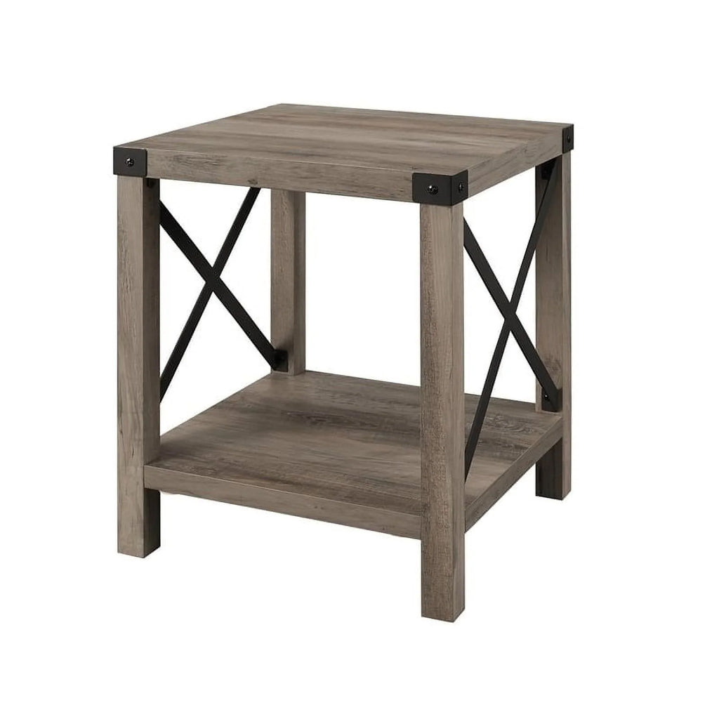 18" Gray Farmhouse Wood Side Table with Metal Frame G90342