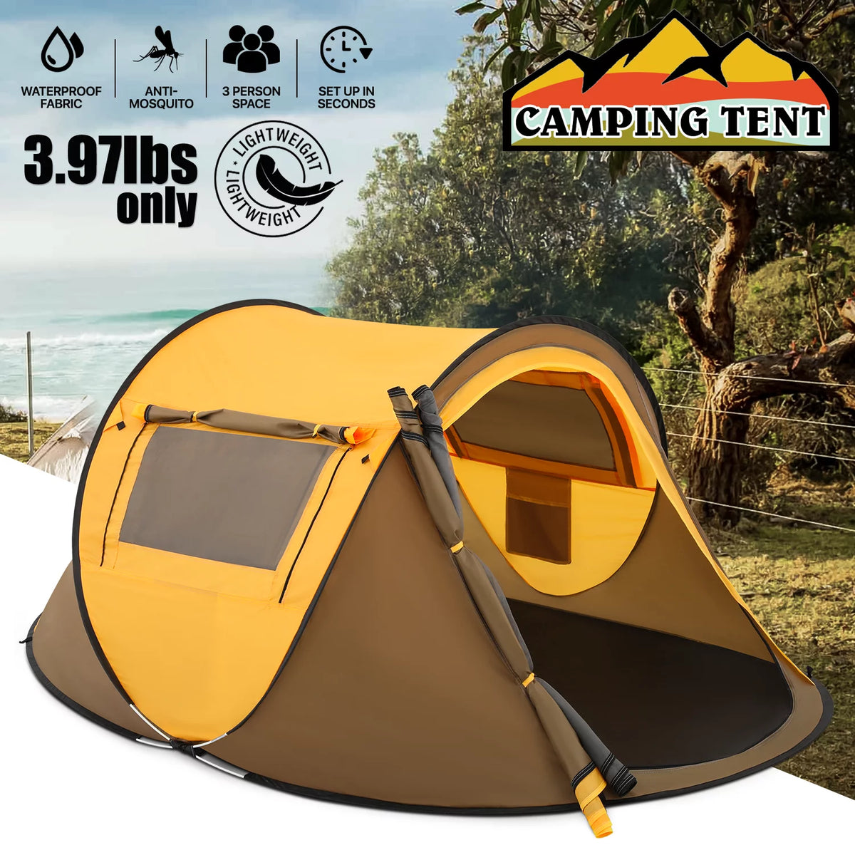 Yellow 3 Person Pop Up Tent with Carry Bag W275815