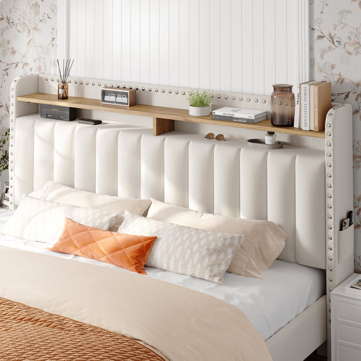 Beige Queen Storage Bed with Headboard and Drawers E59199