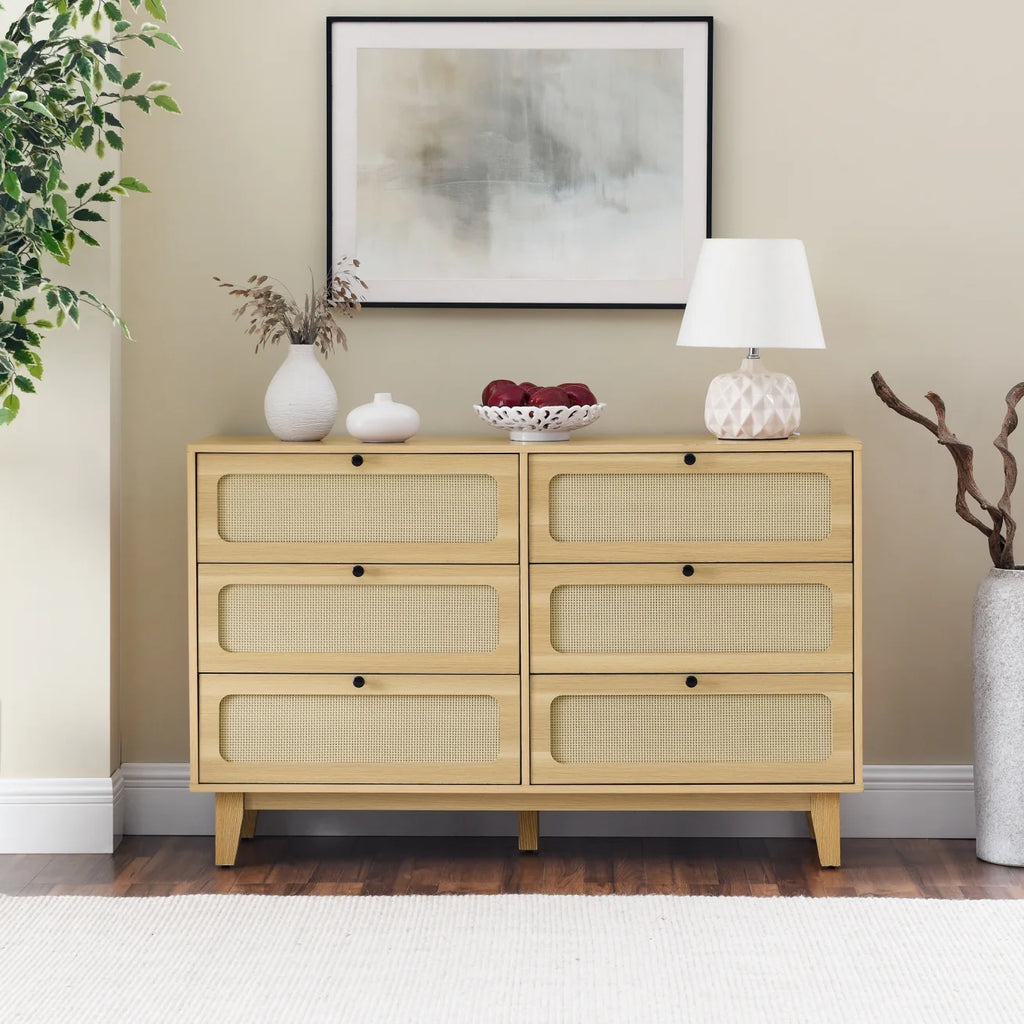 6 Drawer Wooden Dresser with Rattan Drawers N160781