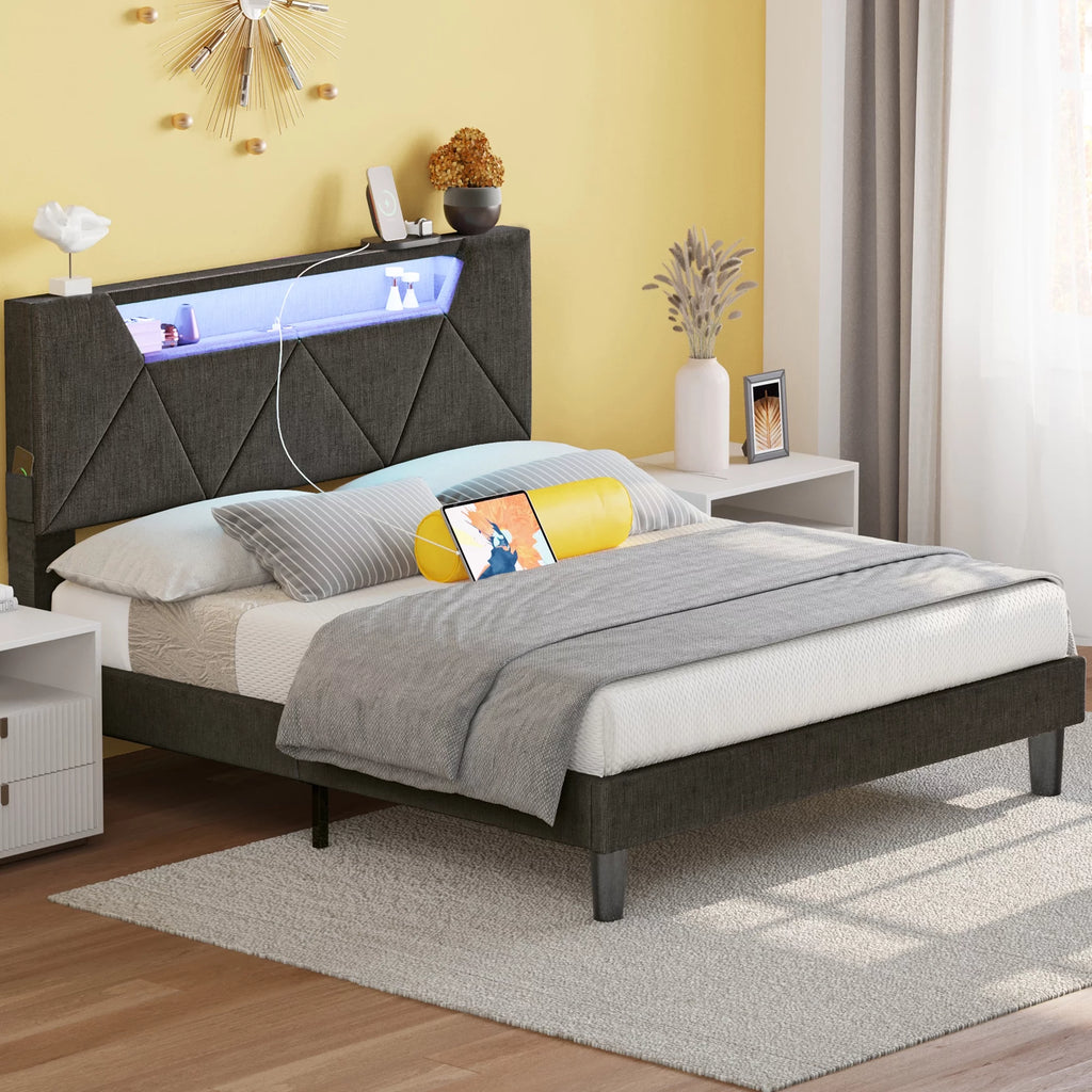 Grey Upholstered Platform Bed Frame with Storage Headboard X6548