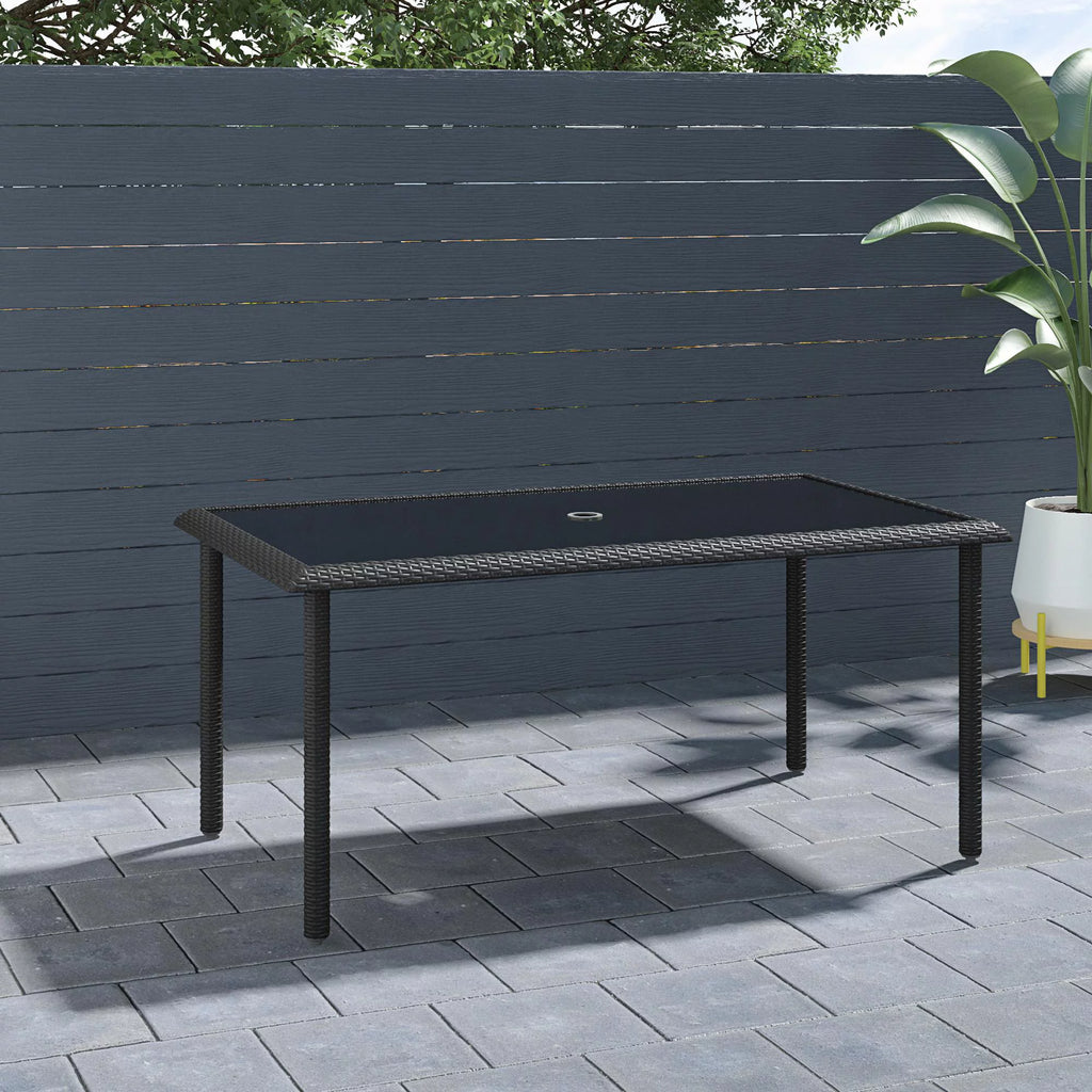 Black Wicker Dining Table with Glass Top and Umbrella Hole W6797