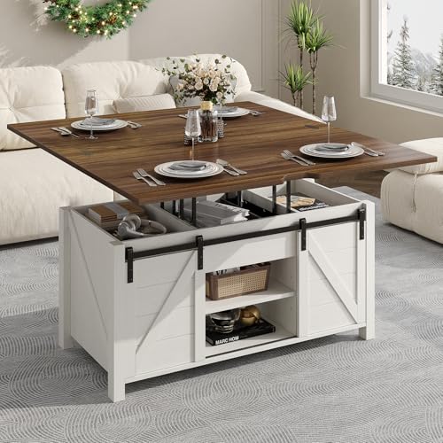 White and Brown Lift Top Coffee Table with Hidden Storage M170