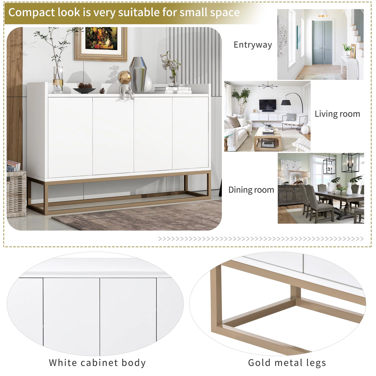 White Wooden Storage Cabinet with Metal Legs and Adjustable Shelves N6733