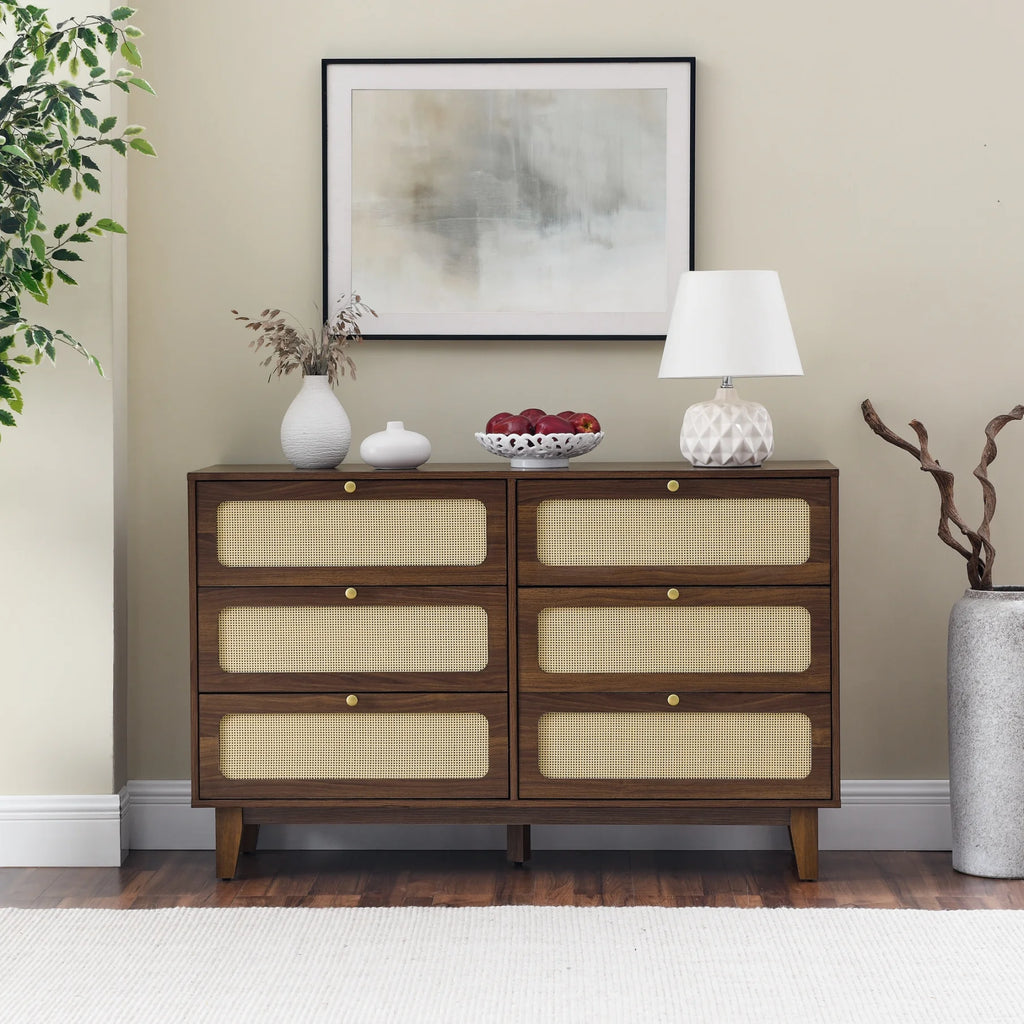 6 Drawer Wooden Dresser with Rattan Drawers N160781