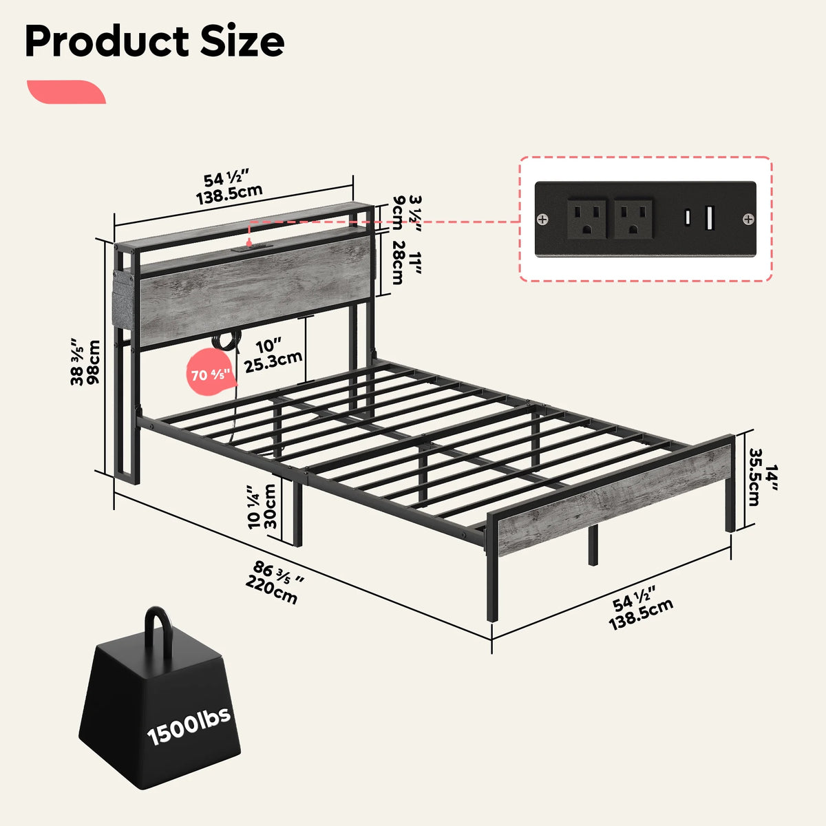 Queen Size Grey Platform Bed with Storage Headboard X987486