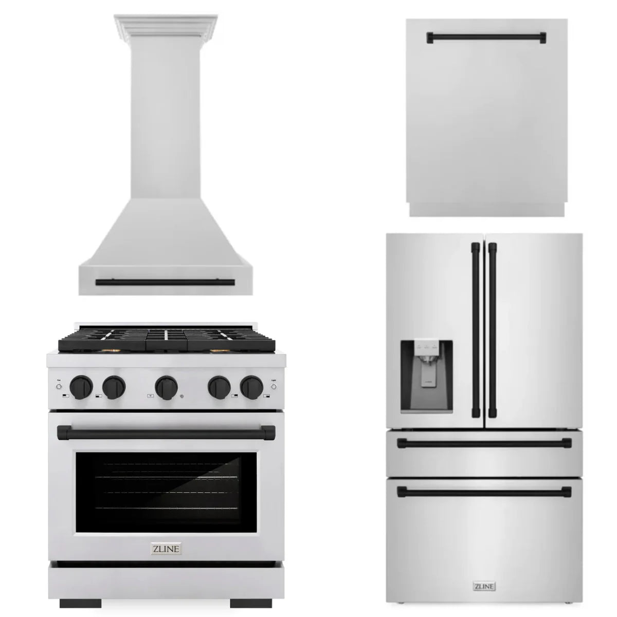 30 In. Gas Range, Range Hood, Refrigerator, and Dishwasher in Stainless Steel L955