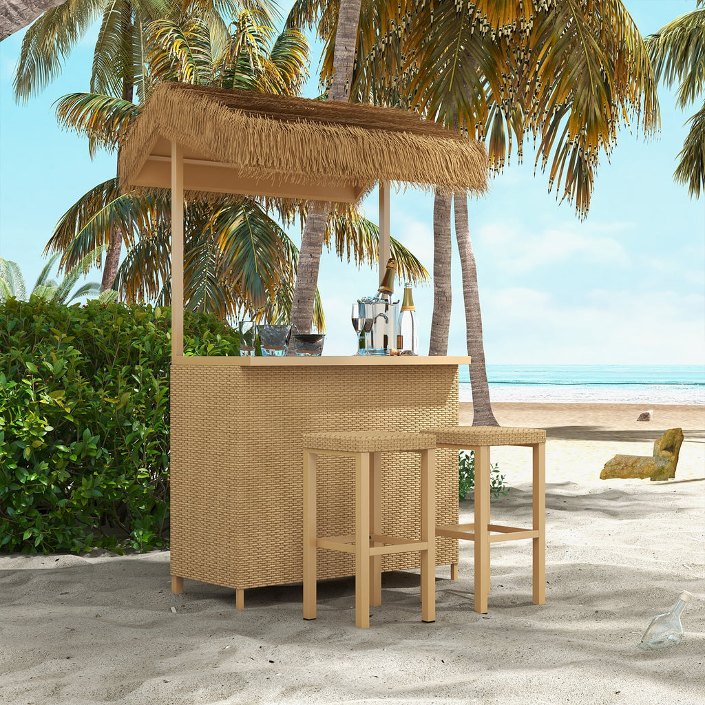 Outdoor 3 Piece All Weather Resin Wicker Steel Tiki Bar and 2 Stools with Ceramic Top & Storage S927