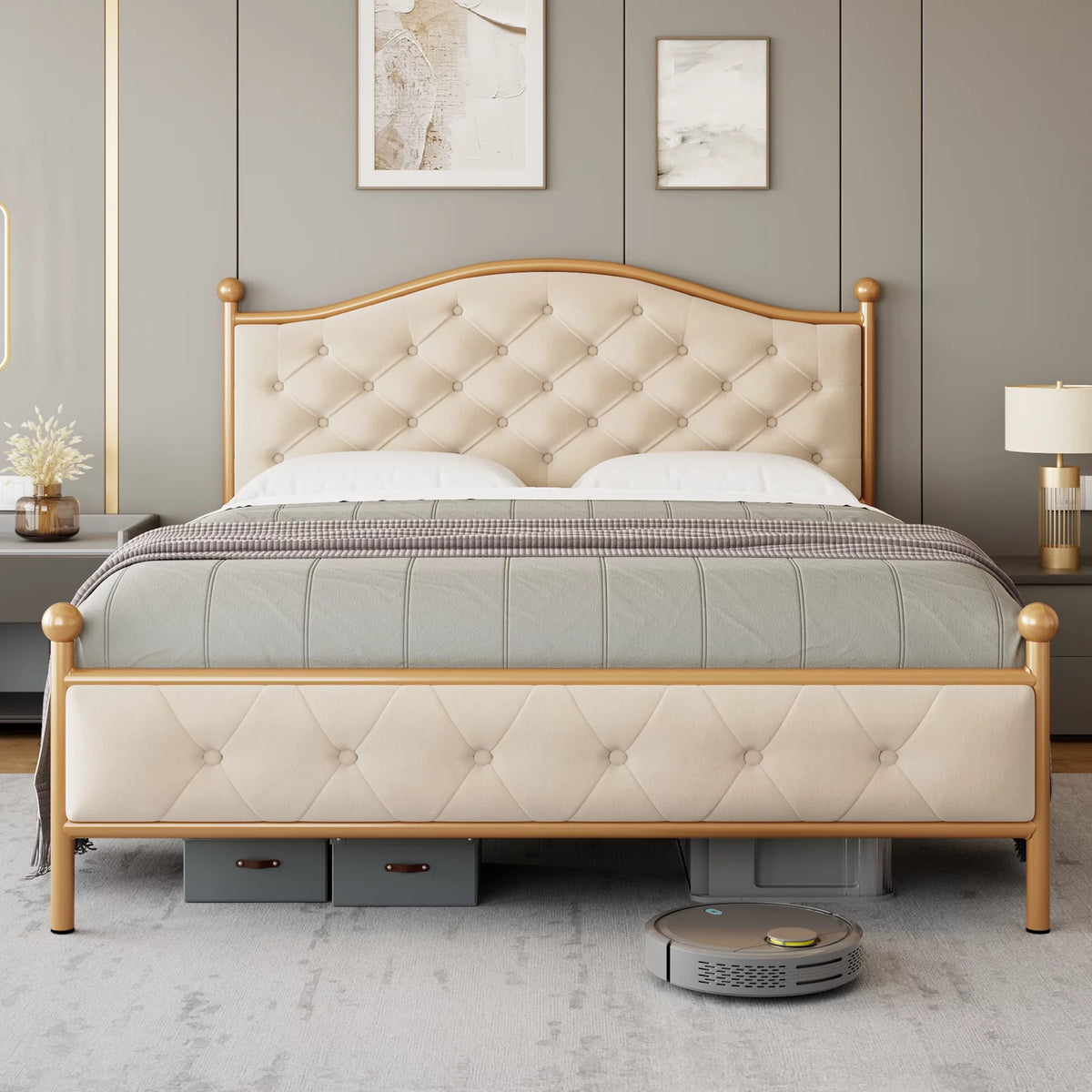 Queen Size Black Tufted Upholstered Platform Bed Frame V839